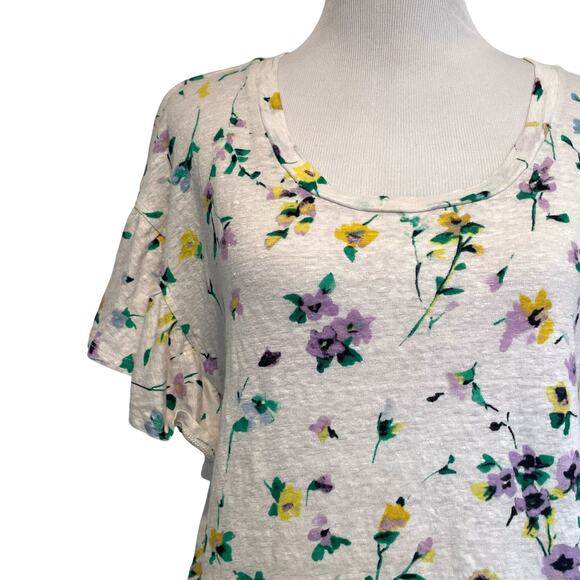 LOFT Floral Linen Flutter Wedge Tee Womens Medium White Multicolor Casual Top - Picture 3 of 10